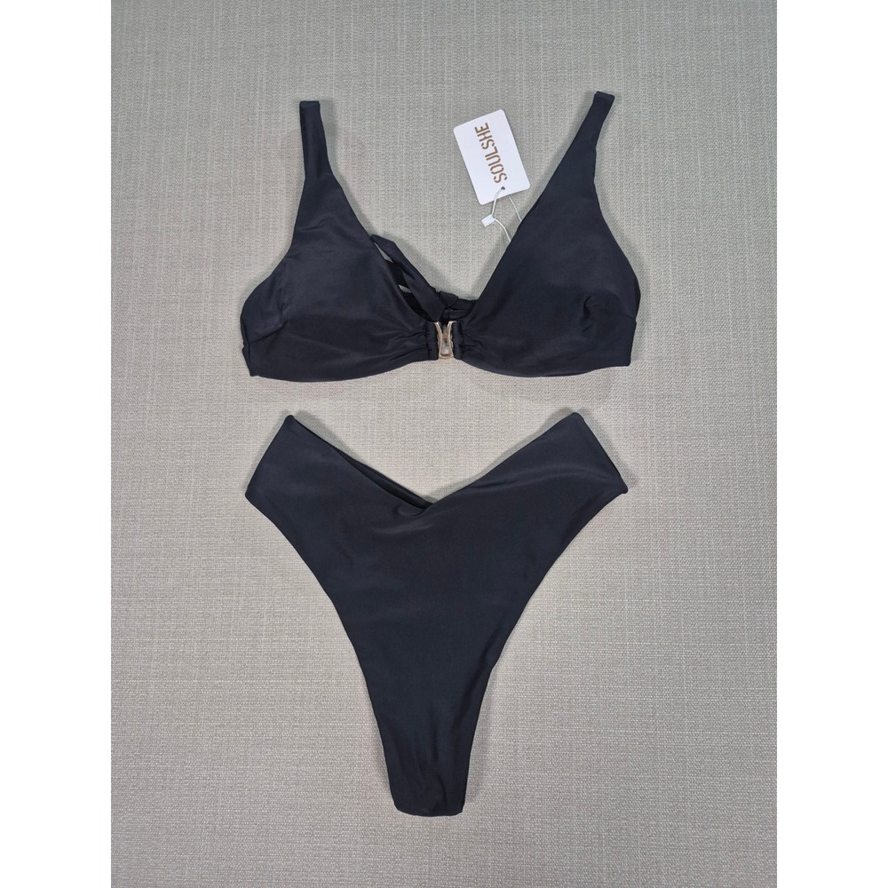 SOULSHE Womens Push Up High Leg Thong Bikini Set Black Size M New with Tags